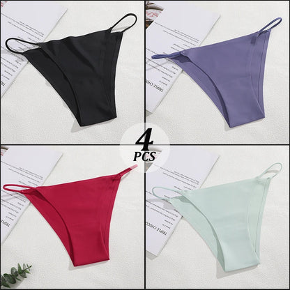 4PCS/Set Seamless Thin Strap Thong Underwear Women Low Rise Briefs Ice Silk Comfortable Panties Multi Color No Trace Lingerie