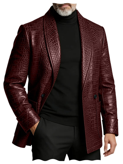 Men's Crocodile Embossed Leather Blazer Double Breasted Business Casual Brown Jacket Office Wear Formal Plus Size  Suit Coat