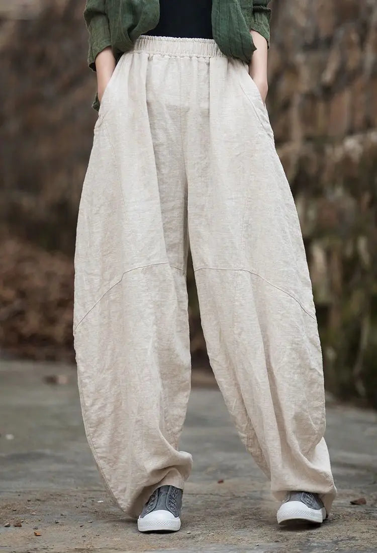 Elegant Women's Cotton Linen Baggy Cargo y2k Pants Vintage Elastic Waist Trousers Loose Casual Long Wide Leg Oversize Clothes