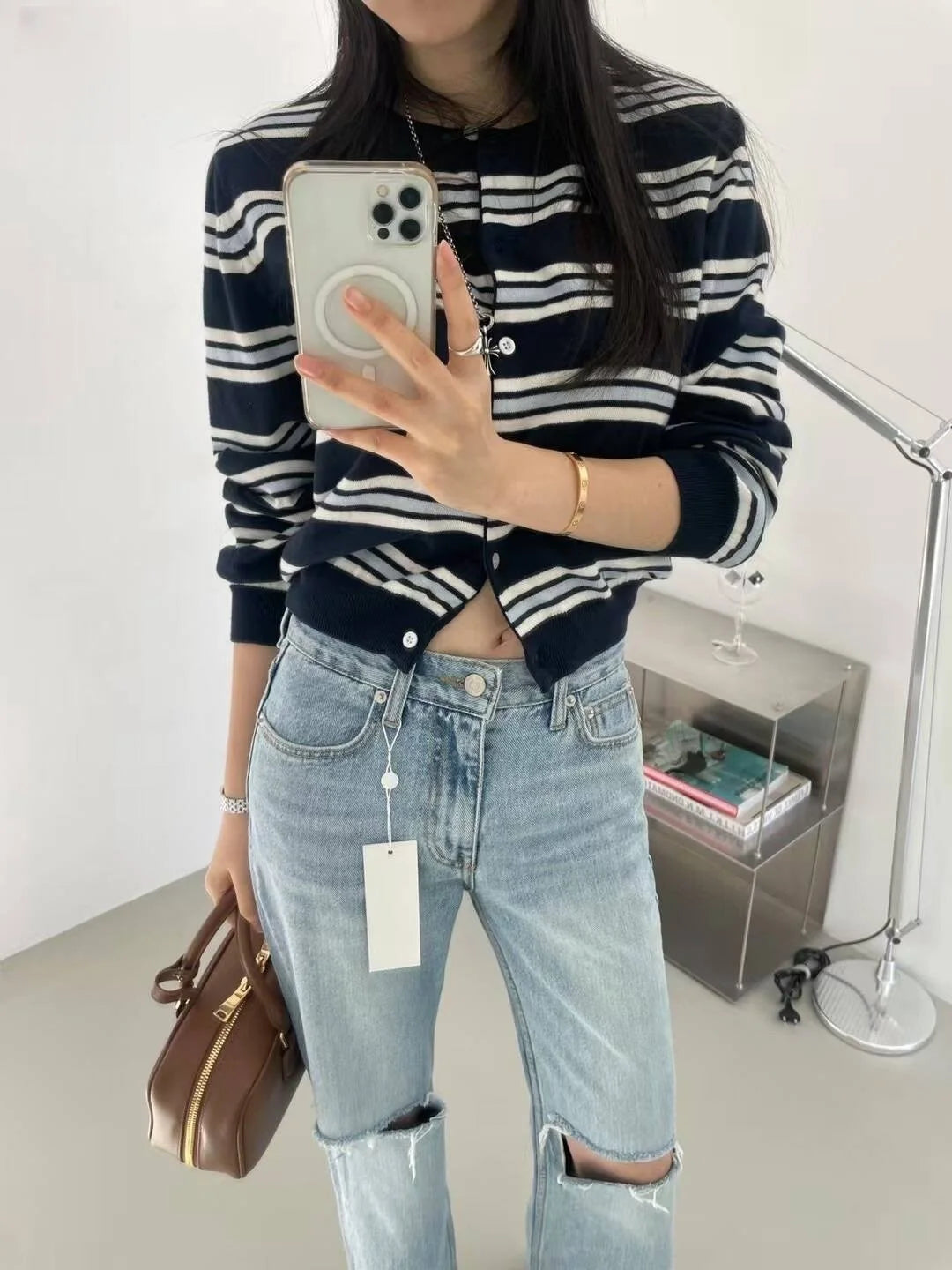 Spring New Classic Striped round Neck Button up Soft Knitted Open Cardigan Fashionable Design Sensation Women's Sweater