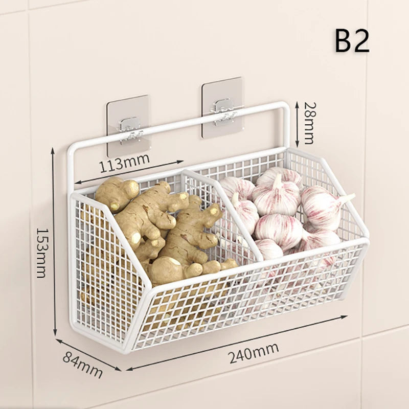 Wall Mounted Storage Rack - Multi Compartment Kitchen Shelf for Onion, Ginger & Garlic Organizer