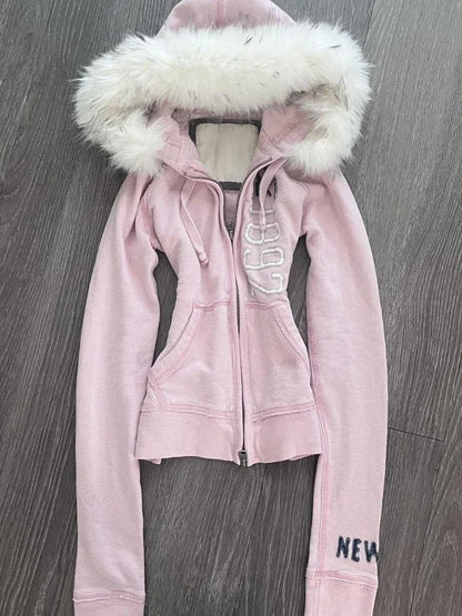 Vintage American Retro Solid Hooded Hoodie Women Winter Faux Fur Lined Zip Up Sweatshirt Cozy Fleece Pullover Streetwear Jacket