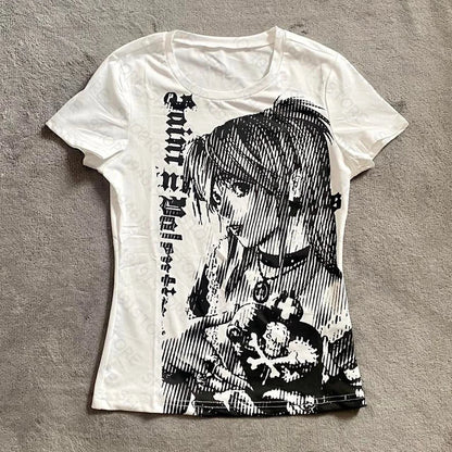 ropa de mujer Y2k anime Streetwear O-neck Text Print Tops Women Harajuku Clothes Vintage Crop Tee Aesthetic Casual T-shirt