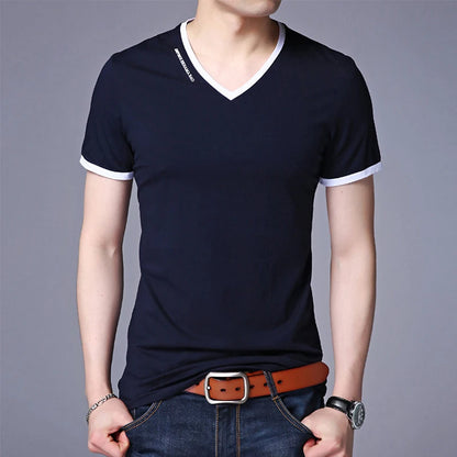 Men's V-Neck T-Shirt - Breathable Polyester Casual Tee, Solid Color Summer Top