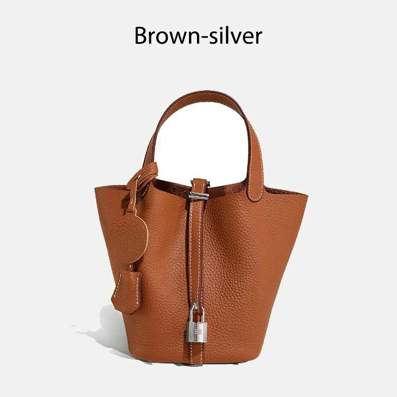 Women Leather Bucket Bag - Genuine Leather Handbag | Large Tote Bag With Silver Hardware