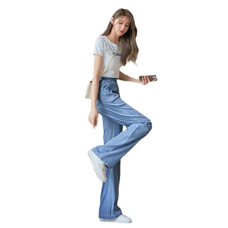 Summer Thin Soft Silk Loose Straight Leg Jeans Women's High Waist Wide Leg Pants Comfortable Breathable Casual Trousers