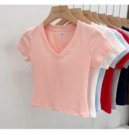 Summer Sexy V-neck Slim T Shirt Women Cotton Basic Solid Crop Tops Female Casual Tops Short Sleeve T-shirts 2026