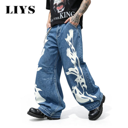 LIYS Men's American High Street Flame Printed Jeans Retro Fashion Loose Wide Leg Hairy Straight Leg Floor Pants Trendy Brand Y2K