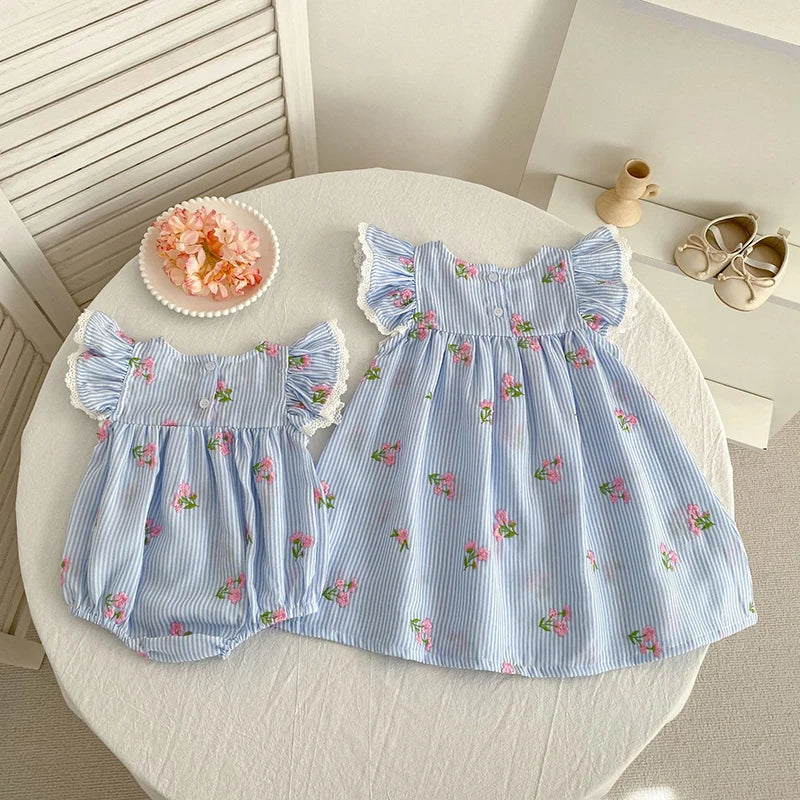 2026 New Summer 2-6Yrs Princess Round Neck Dress Striped Baby Girl Dress Flying Sleeve Cotton Embroidery Blue Sweet Dress