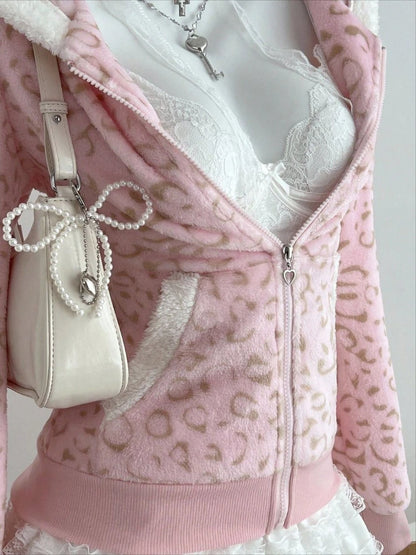 Cute Pink Leopard Pint Hooded Y2k Clothes Aesthetic 2000s Vintage Kpop Women's Sweatshirts Zip-up Grunge Gyaru Hoody Gothic Top