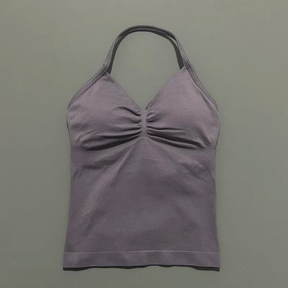 Women Yoga Vest - Longline Strappy Top | Breathable Fitness Tank Top Open Back Halter