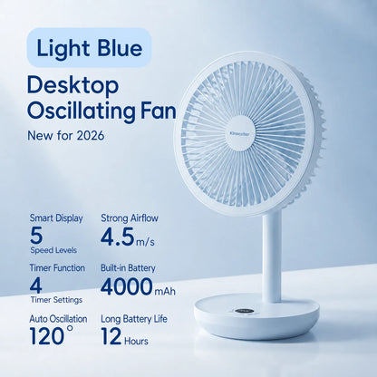BLDC Oscillating Desktop Fan 4000mAh 5 Wind Speeds Silent Portable Rechargeable Fan with Timing Function for Home Room Gift
