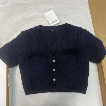 Solid Twist Flower Knitted Cropped Cardigan Woman V-neck Single Breasted Short Sleeve Crop Tops Autumn Sweet Cotton Knitwear New