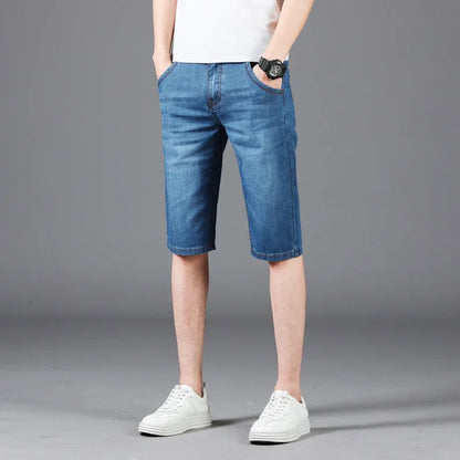 Men's Denim Shorts - Casual Summer Knee Length Multi-Pocket Elastic Waist