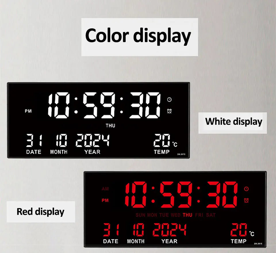Large Digital Wall Clock with Alarm Temperature  Date Display - 14 LED Plug-In Clock