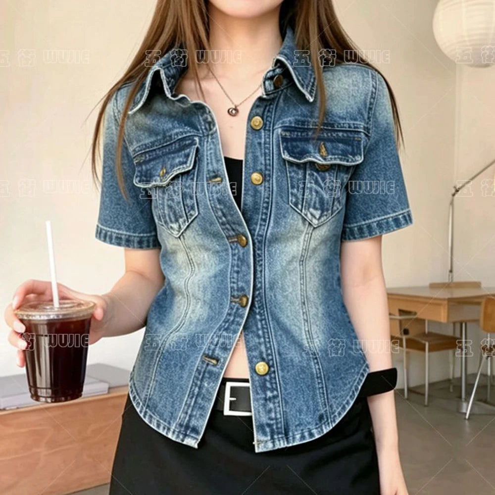 French retro Polo collar short-sleeved denim jacket women's summer 2026 fashion  loose single-breasted temperament top