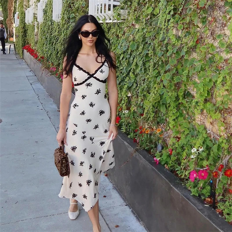 Hugcitar 2026 Floral Print V Neck Slip Backless Sexy Bodycon Maxi Prom Dress Spring Summer Women Clothes Birthday Party Festival