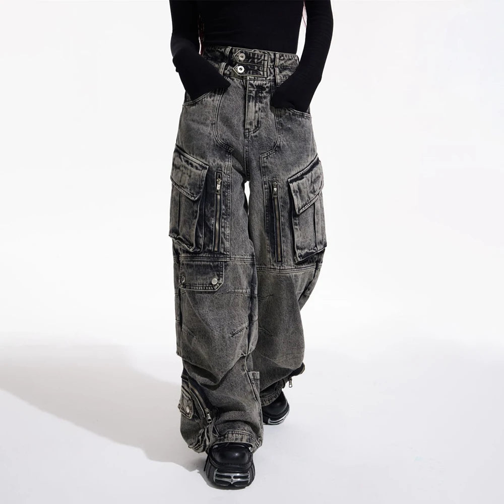 Men Gothic Jeans Y2k Big Pocket Cargo Jeans Streetwear Fashion Japanese Youth Campus Wide Leg Casual Pants Male Men'S Clothing