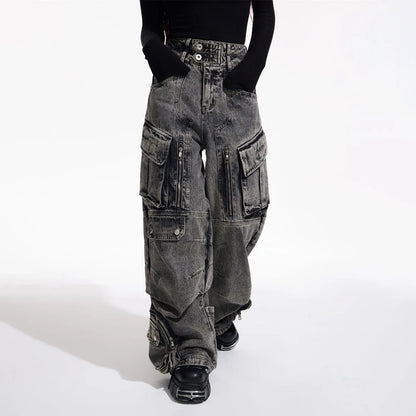 Men Gothic Jeans Y2k Big Pocket Cargo Jeans Streetwear Fashion Japanese Youth Campus Wide Leg Casual Pants Male Men'S Clothing