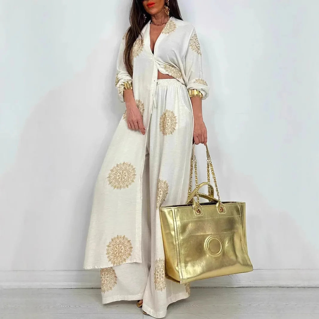 Women's Loose Long Vintage Printed Robe Set Spring Summer Casual Button Shirt Blouses Wide Legs Pants Oversized Two-piece Outfit