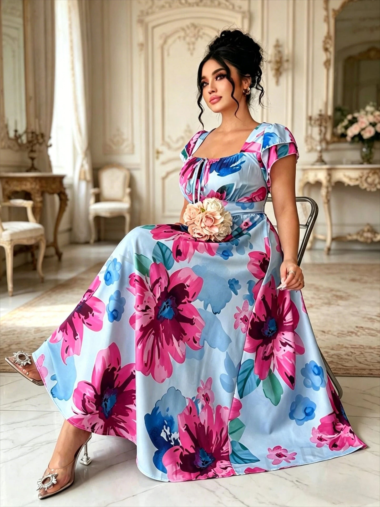 Plus Size Women's Elegant Blue Printed A-Line Dress, Slim Waist Fitted Casual Mini Dress for Daily Dating