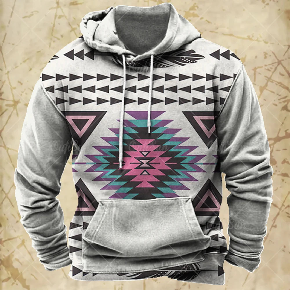 Men Hooded Vintage Print  Sweatshirt Ethnic Style Hoodie Autumn and Winter Oversized Casual Men's Clothing Daily Street Pullover