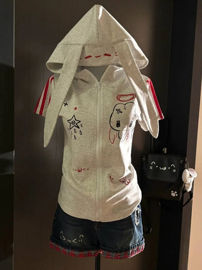 Japanese Cute Babes Slim Fit Cardigan Subculture Kawaii Ears Short Sleeve Hoodies Women Summer New Sweet Streetwear Grey Tops
