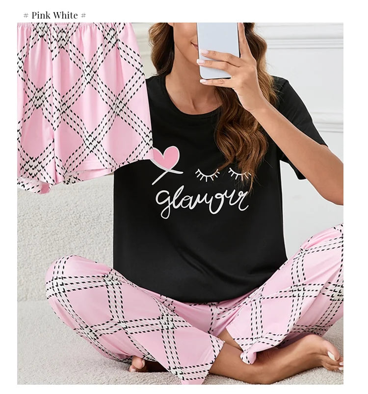 Women's Pajamas Home Suit Soft Comfort Nightwear Loungewear Autumer Crew Neck Tops and Shorts Pajama Pants 3 Piece Pyjama Femme