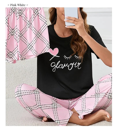 Women's Pajamas Home Suit Soft Comfort Nightwear Loungewear Autumer Crew Neck Tops and Shorts Pajama Pants 3 Piece Pyjama Femme