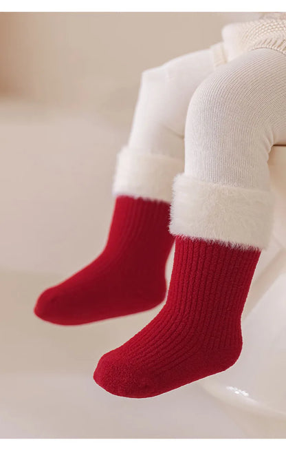 2025 New Year Baby Winter Thicken Socks Kids Cute Stripe Color Matching Warm Floor Socks Children Girls Fleece Padded Socks