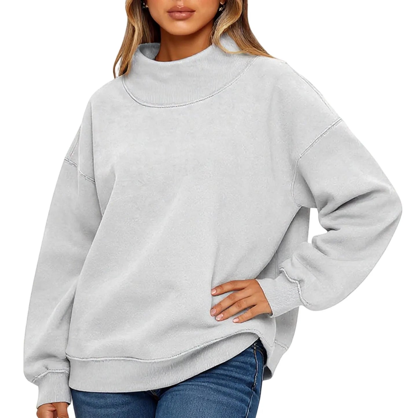 Fashionable Loose High Neck Long Sleeved Solid Color Hoodie for Lady Lazy Style Basic Casual Commuted Pullover Top