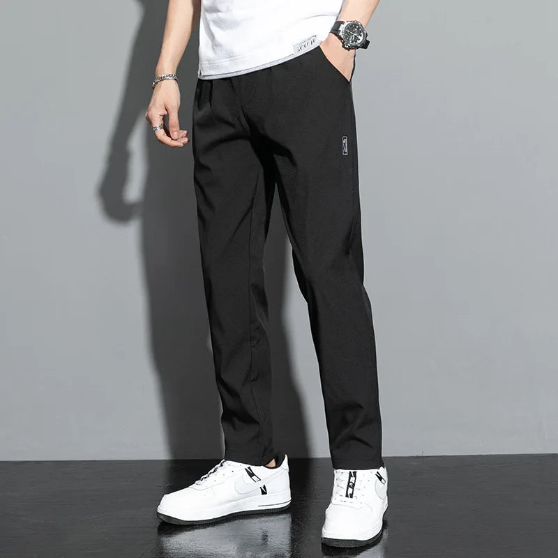 Ice Silk Male Pants 2026 Summer New Black Gray Thin Business Casual Pants Outdoor Elastic Breathable Straight Leg Sweatpants