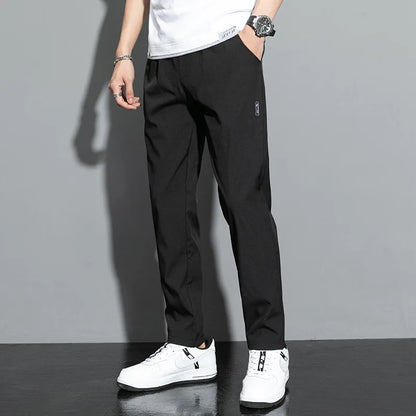 Ice Silk Male Pants 2026 Summer New Black Gray Thin Business Casual Pants Outdoor Elastic Breathable Straight Leg Sweatpants
