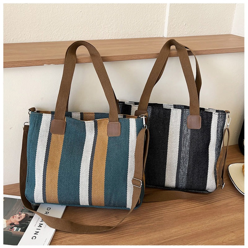 Striped Canvas Tote - Women's Crossbody Shoulder Bag With Zipper Closure, Versatile Daily Use