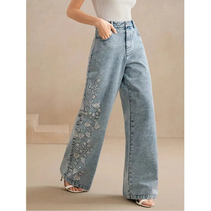 Y2k Pants New 2025 Trend Jeans for Woman Plus Size Comfort Stretch Washed Denim Embroidery Design Fashion Straight Leg
