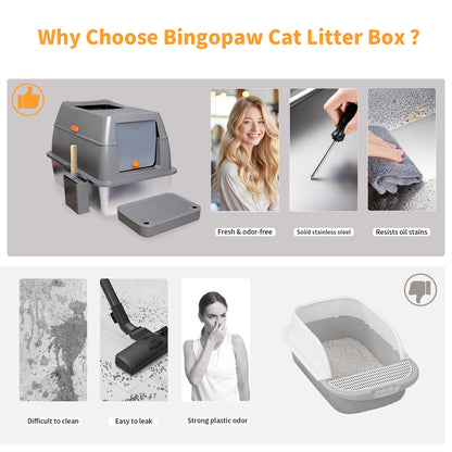 Extra Large Stainless Steel Cat Litter Box with Lid - High Wall Metal Tray for Big Cats - ZOOMNSTORE