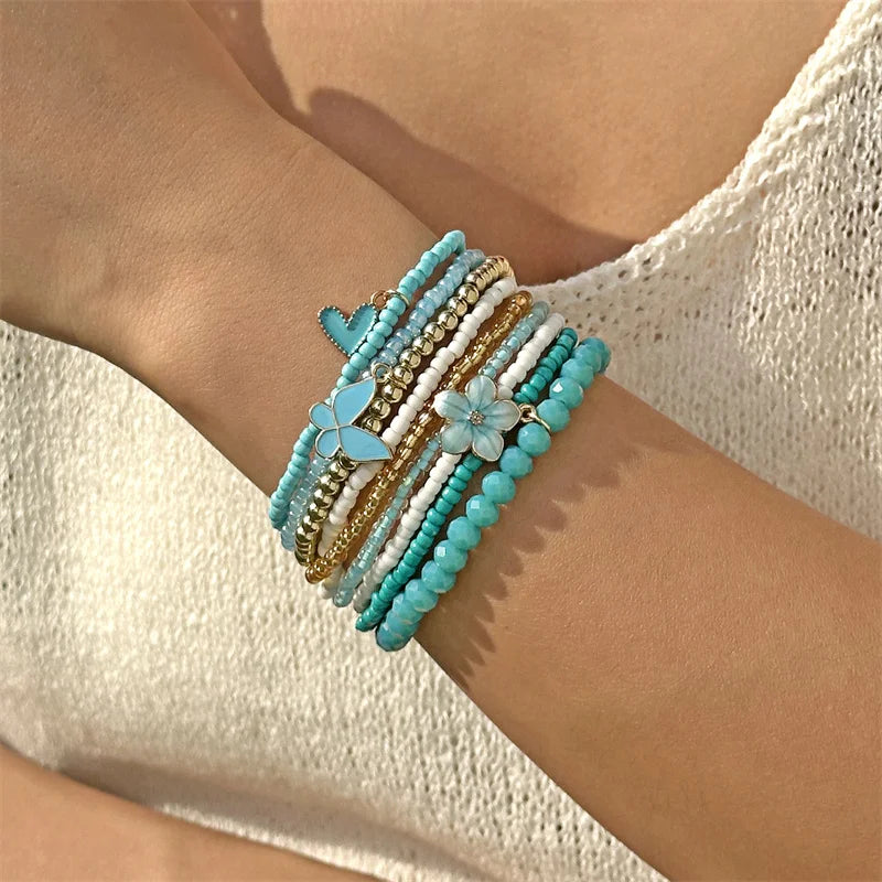 9pcs/set Bohemian Butterfly Flower Pendant Bracelet for Women Handmade Rice Beads Stacked Bracelet Summer Beach Party Jewelry