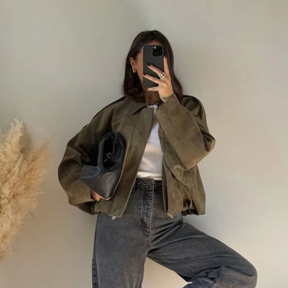 Vintage Suede Green Bomber Jacket Women Loose Lapel Full Sleeve Zipper Commute Coat 2025 Autumn Lady High Street All-match Coats