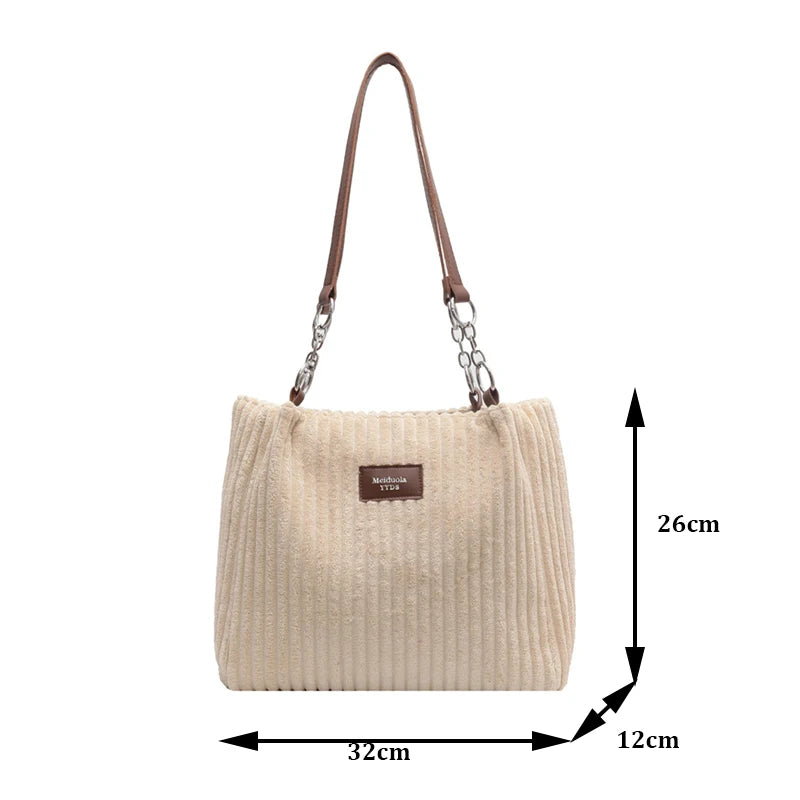 Corduroy Shoulder Handbag – Women's Soft Cotton Shopping Bag With Zipper Closure