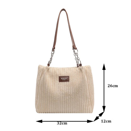 Corduroy Shoulder Handbag – Women's Soft Cotton Shopping Bag With Zipper Closure
