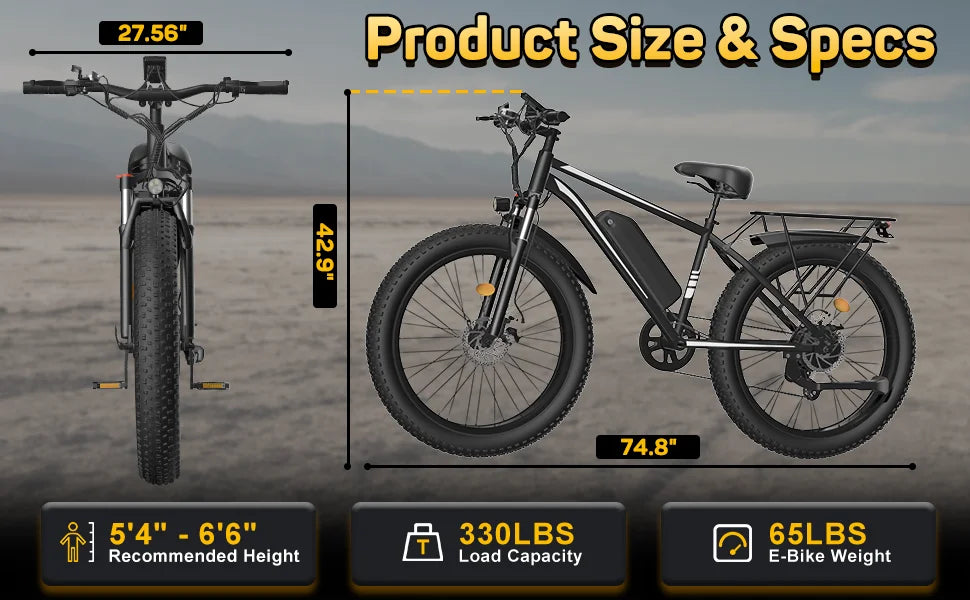 Black Electric Bicycle 1500W Powerful Motor 48V 15AH Lithium Battery Motorcycle Electric Bike 26*4 in Fat Tire Snow E-bike