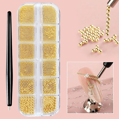 Mini Caviar Beads Nail Art Set - GoldSilver Micro Ball Charms with Magnetic Pen