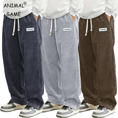 Autumn Mens Corduroy Casual Pants Fashion Loose Fit Pants Straight Sweatpants Elastic Waist Drawstring Outdoor Streetwear