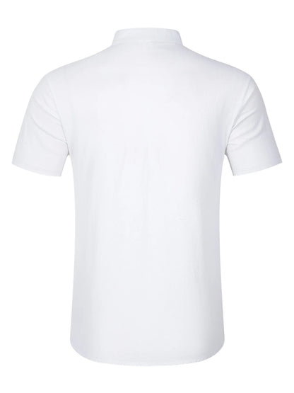 2025 Autumn Cross-Border Men's Cotton and Linen Stand Collar Short Sleeved Shirt, Loose Casual Henley Shirt for Men