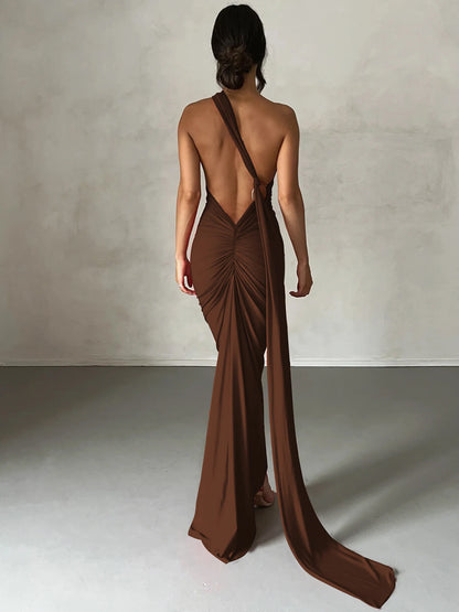Hugcitar One Shoulder Backless Adjustable Scarf Loop Ruched Sexy Maxi Dress Women Elegant Y2K Streetwear Festival Outfit