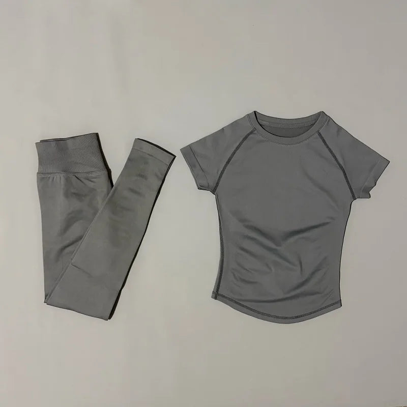 2 Piece Women Solid Color Set Summer Casual Short Sleeve T-Shirt High Waist Long Pants Soft Breathable Tracksuit Daily Outfit