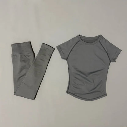2 Piece Women Solid Color Set Summer Casual Short Sleeve T-Shirt High Waist Long Pants Soft Breathable Tracksuit Daily Outfit