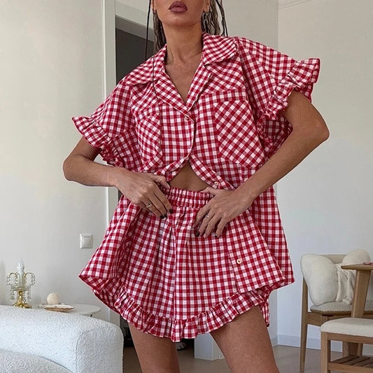 Linad Office Single-Breasted Shirts Elegant Plaid High Waist Shorts With Button Up Shirts 2 Piece Set Street Chic Outfits Summer