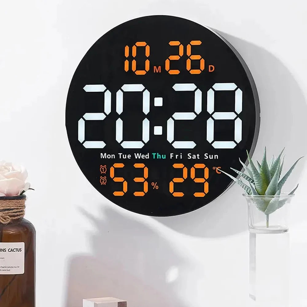LED Wall Clock with Remote Control - Dual Alarms Calendar  Temperature Display Adjustable Brightness for Home Decor