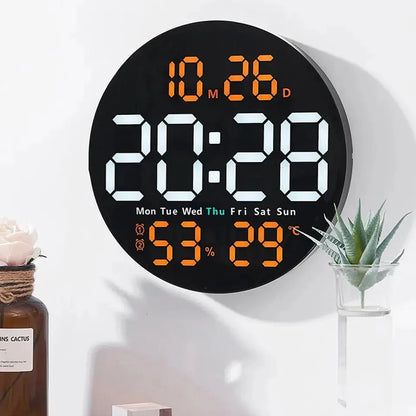 LED Wall Clock with Remote Control - Dual Alarms Calendar  Temperature Display Adjustable Brightness for Home Decor